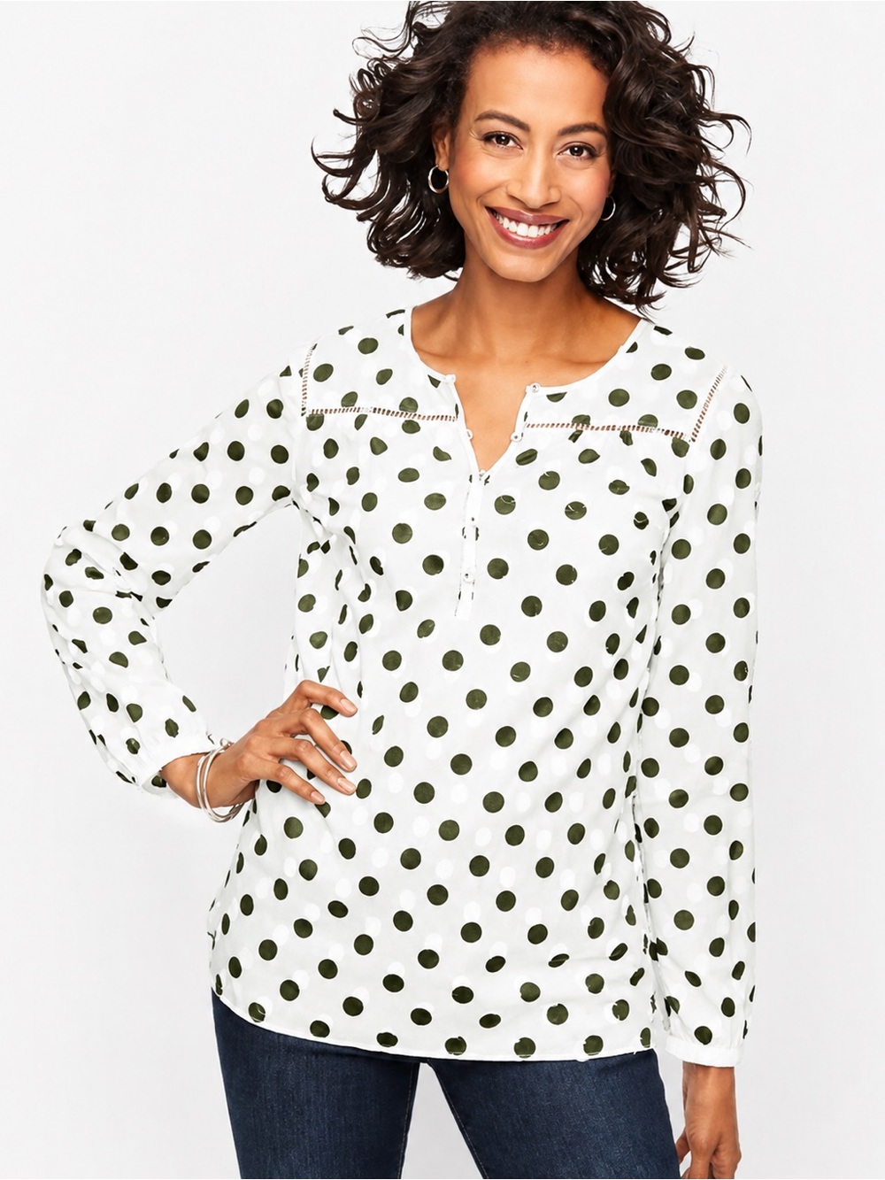 Talbots White Olive Polka Dot Long Sleeve Blouse Top Size S Cotton, Popover
